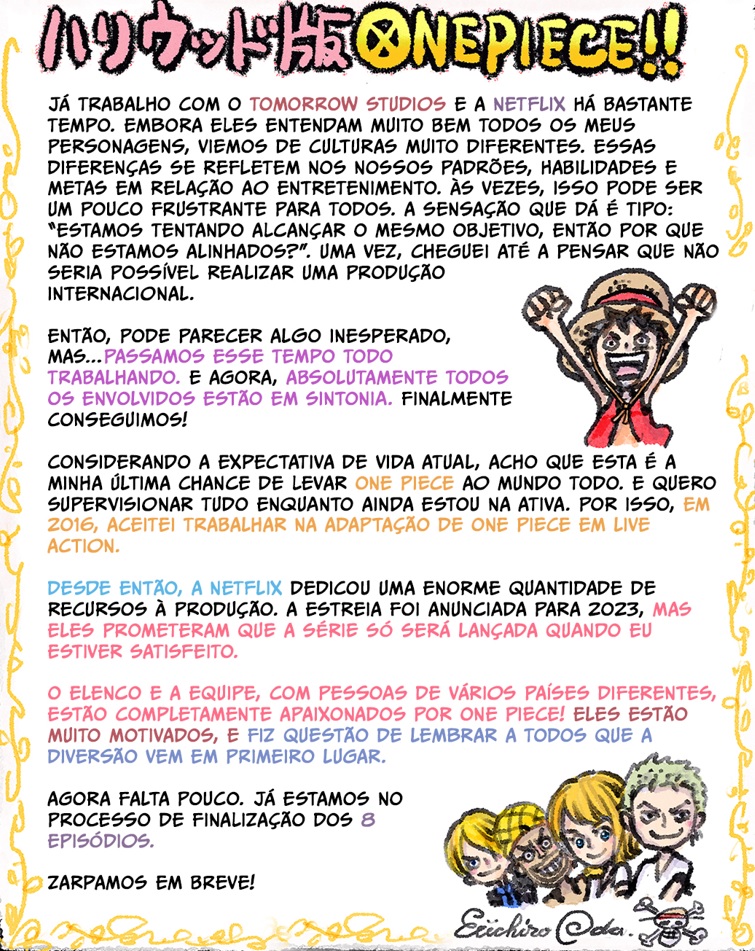 EIICHIRO ODA, CRIADOR DO FENÔMENO GLOBALONE PIECE, ATUALIZA OS FÃS SOBRE AVERSÃO LIVE-ACTION NA NETFLIX EIICHIRO ODA, CRIADOR DO FENÔMENO GLOBALONE PIECE, ATUALIZA OS FÃS SOBRE AVERSÃO LIVE-ACTION NA NETFLIX