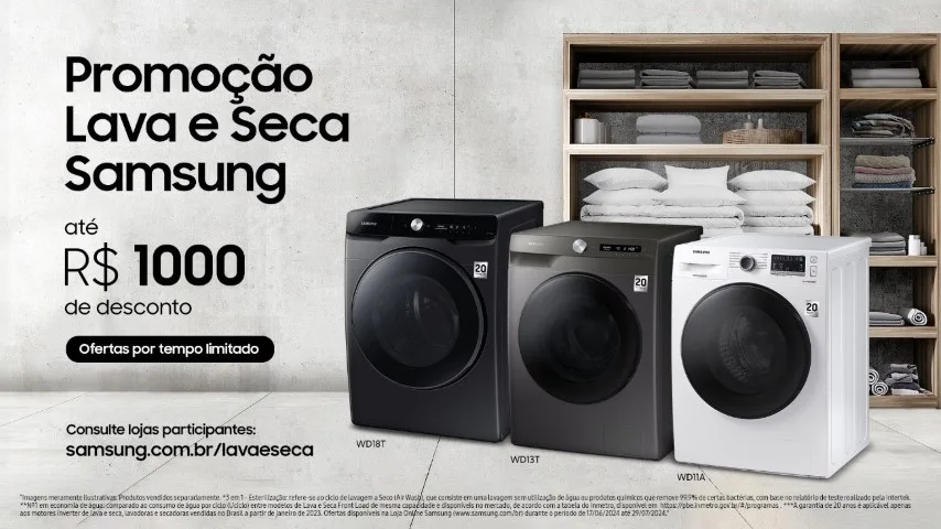 Winter Promo oferece descontos de até R$ 1.000 em máquinas lava e seca da Samsung Winter Promo oferece descontos de até R$ 1.000 em máquinas lava e seca da Samsung